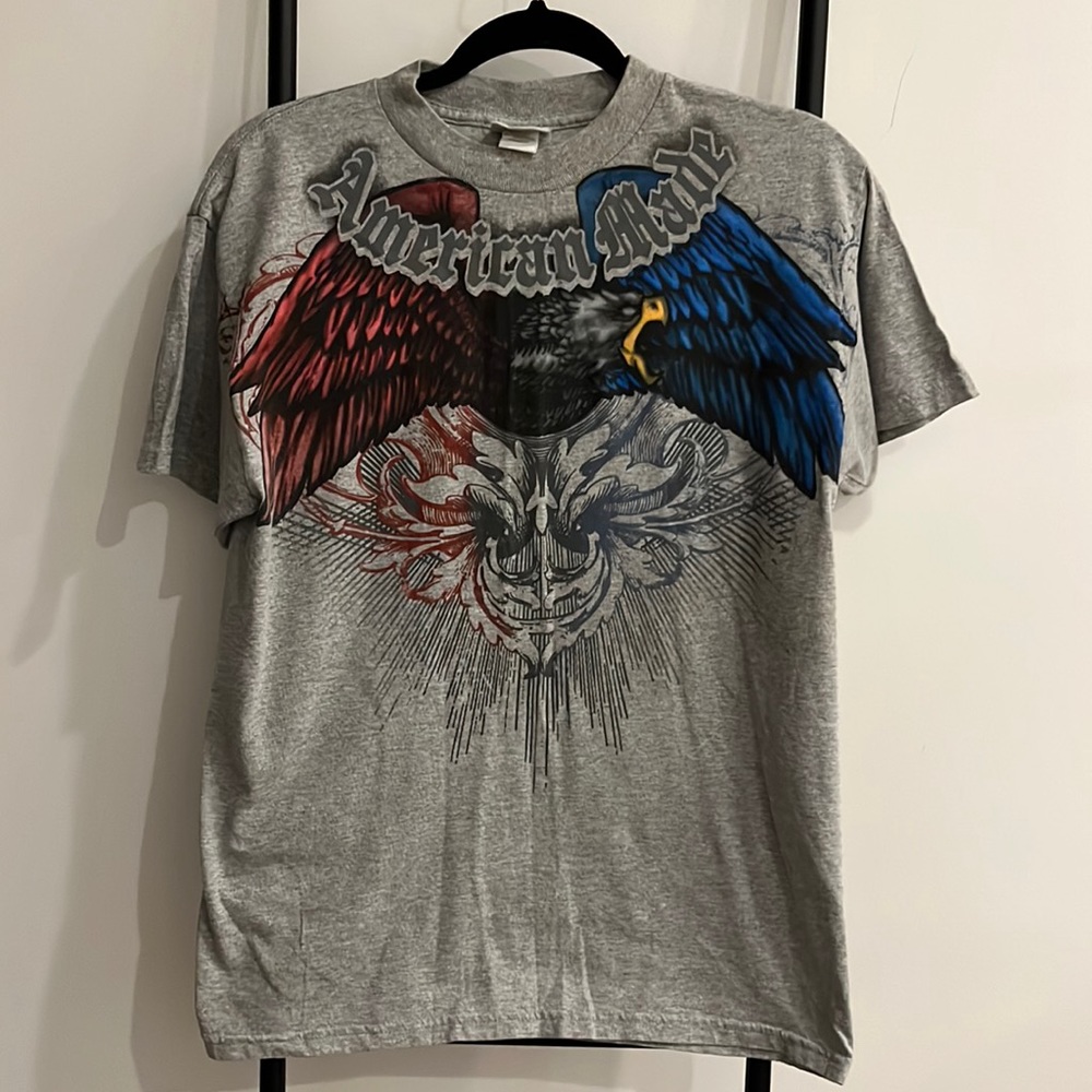 Vintage National Heritage Eagle Graphic Tee Shirt Gray Men Size M Y2K